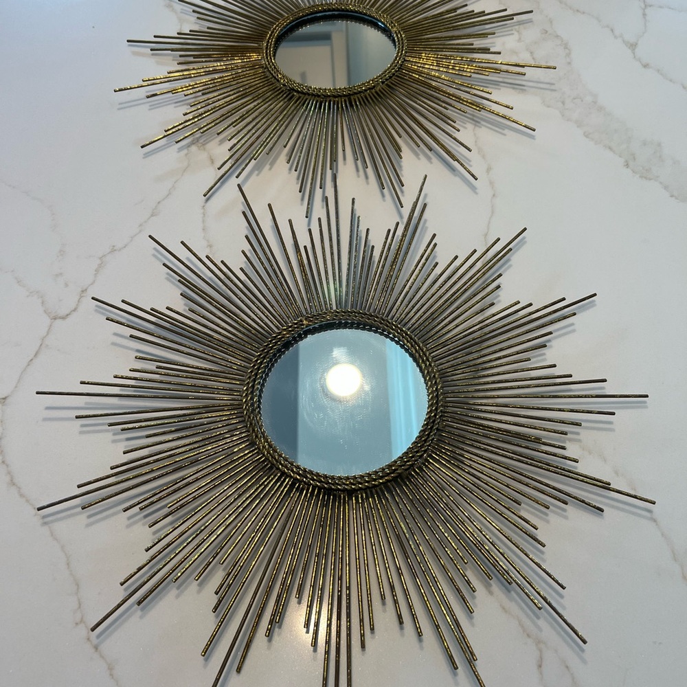Pair PIER 1 Gold Metal Sun Starburst Mirror Wall Art Atomic MCM Style Gold Tone